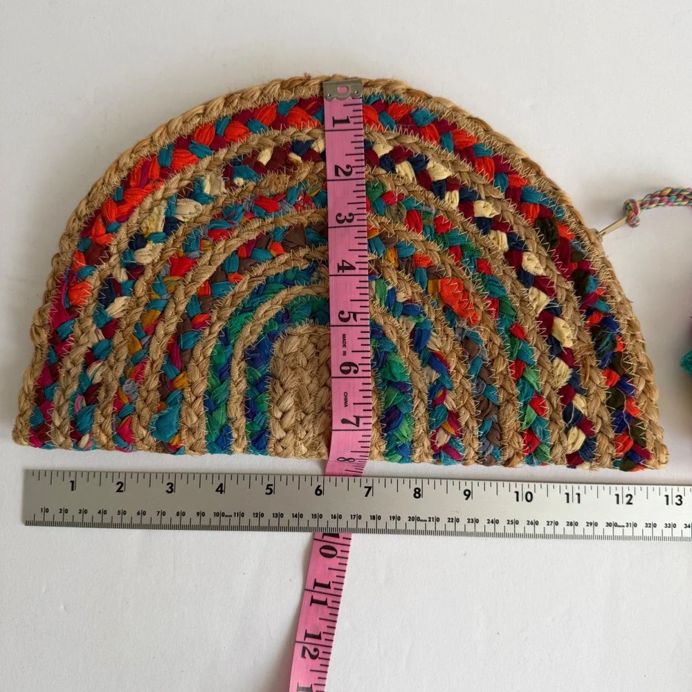 Boho Rainbow Woven Clutch Tassel Half Moon Straw Handbag Beachy Vacation Coastal